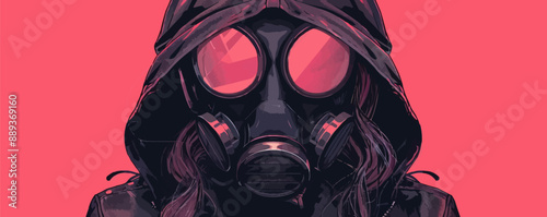 A woman with a gas mask on her face is the main subject of the image. The image is in a bright pink color, which gives it a bold and dramatic feel