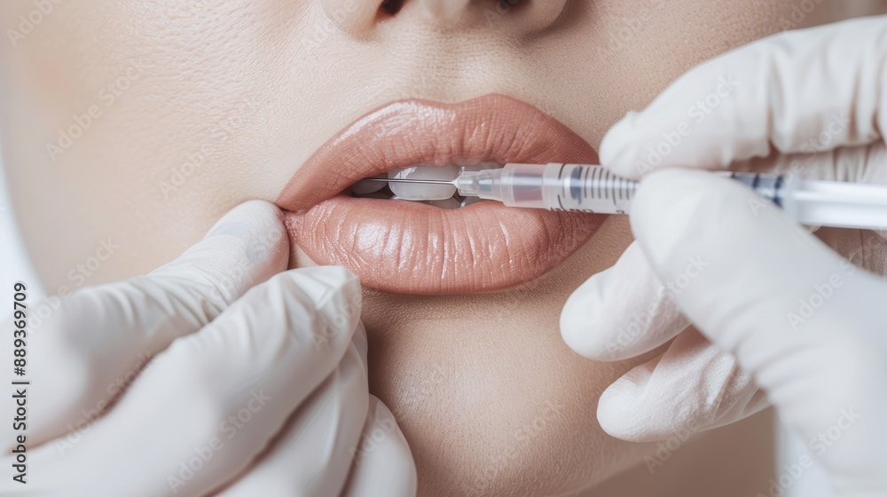 A professional cosmetic injector gently performing a lip enhancement procedure A professional cosmetic injector gently performing a lip enhancement procedure