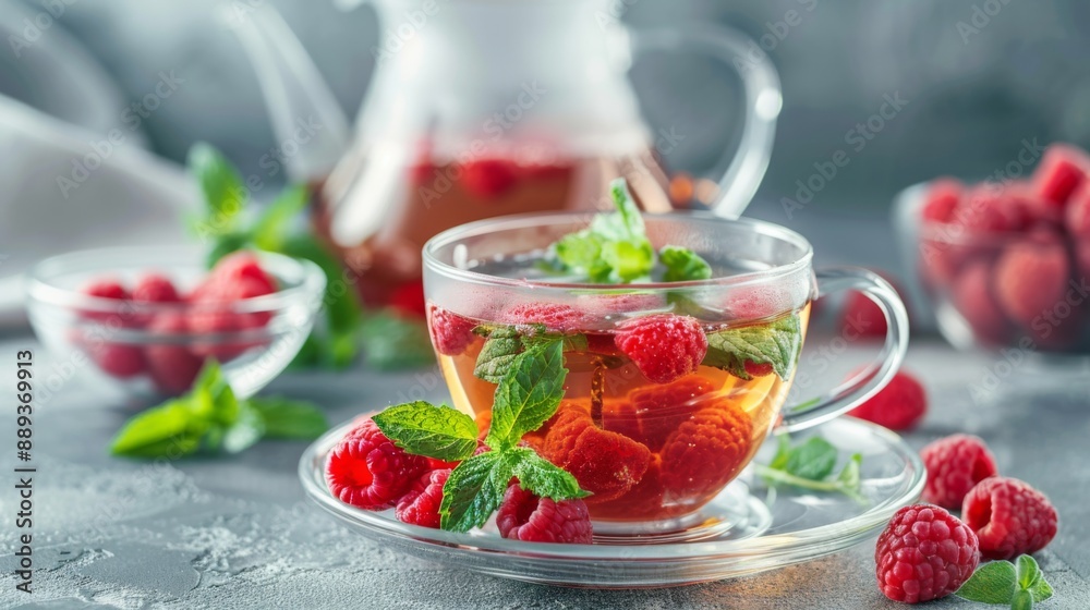 A delightful raspberry mint tea presented in a clear cup with mint leaves and raspberries. A glass bowl of raspberries and a tea A delightful raspberry mint tea presented in a clear cup with mint leaves and raspberries. A glass bowl of raspberries and a tea