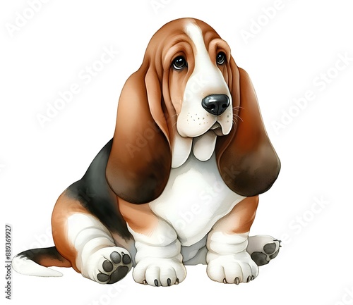 Watercolor picture of a dog basset hound on white background