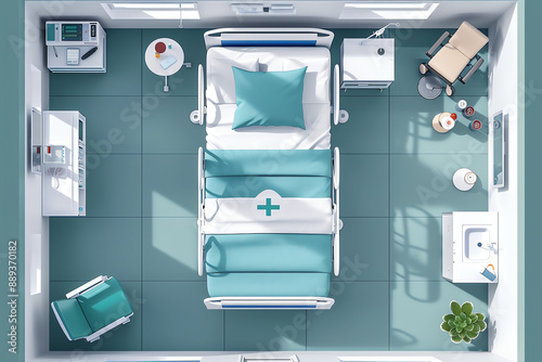 Create a detailed illustration of a modern hospital room from a top down perspective. Generative ai.