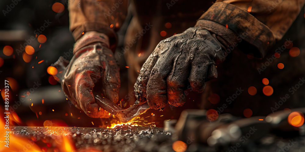 Close-up of a blacksmith’s hands forging metal, creating custom ironwork Close-up of a blacksmith’s hands forging metal, creating custom ironwork