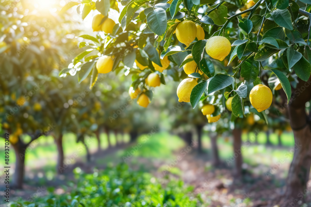 Beautiful orchard with fresh lemons hanging on trees Beautiful orchard with fresh lemons hanging on trees