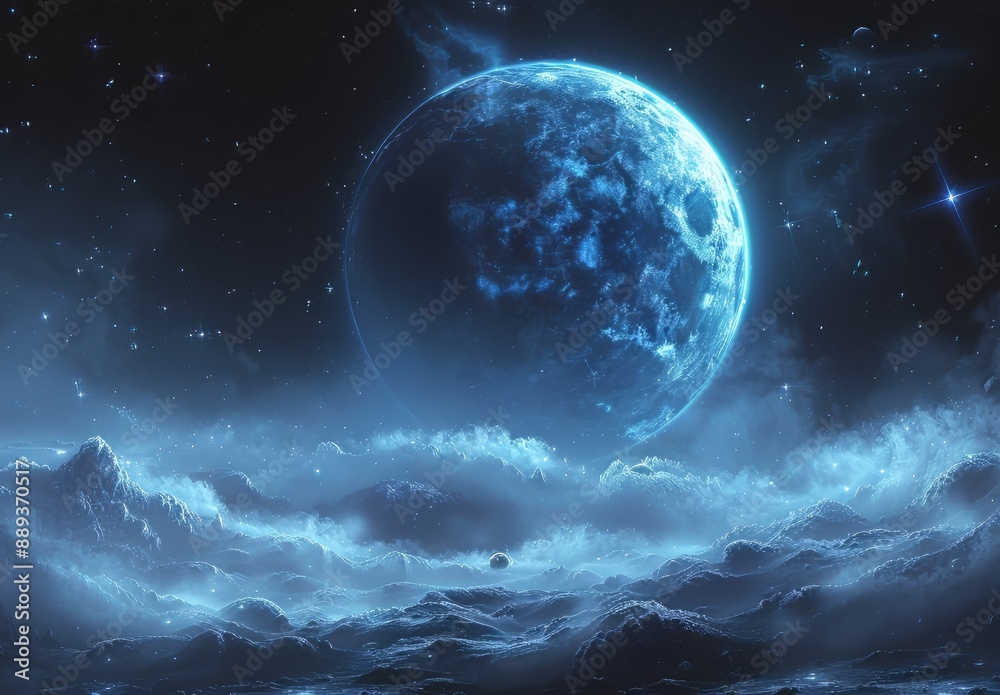 A blue planet with two moons in space, a black background of stars and planets in the sky, sci-fi style, digital art, neon effects, dark blue and silver tones, other worlds in distant orbits, planets A blue planet with two moons in space, a black background of stars and planets in the sky, sci-fi style, digital art, neon effects, dark blue and silver tones, other worlds in distant orbits, planets