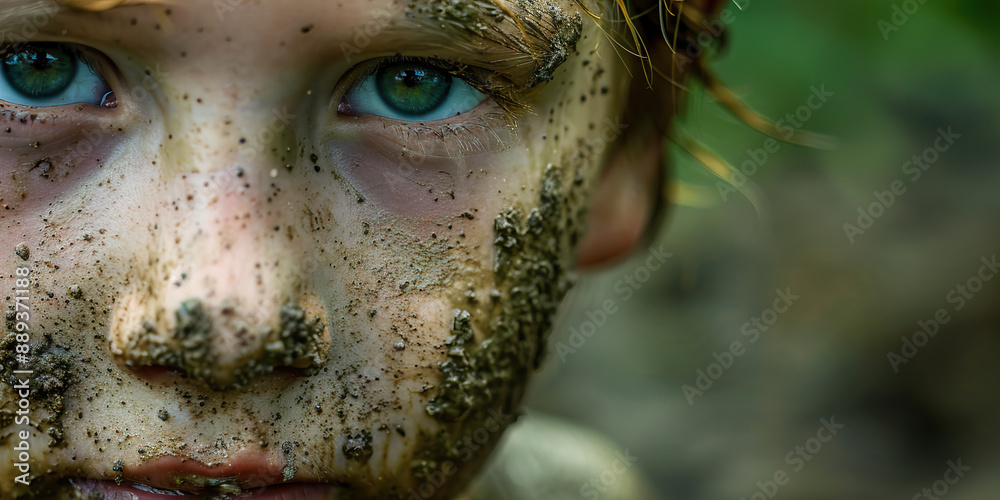 Close-up of a child's dirty face after playing outside in the mud Close-up of a child's dirty face after playing outside in the mud