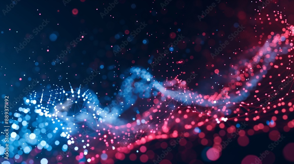 A background of digital particles in red and blue colors, forming the wave. A background of digital particles in red and blue colors, forming the wave.