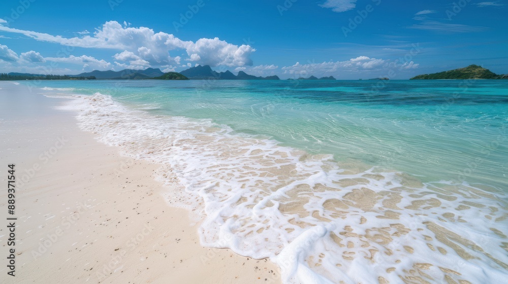 Tranquil beach background with soft, white sand, gentle waves lapping the shore, and a clear, turquoise sea under a bright, sunny sky, with a few fluffy clouds and distant islands on the horizon, Tranquil beach background with soft, white sand, gentle waves lapping the shore, and a clear, turquoise sea under a bright, sunny sky, with a few fluffy clouds and distant islands on the horizon,