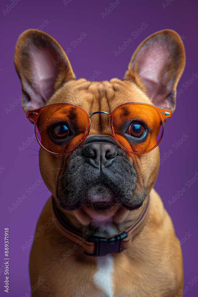French bulldog with bright glasses on purple background in fashion style. French bulldog with bright glasses on purple background in fashion style.