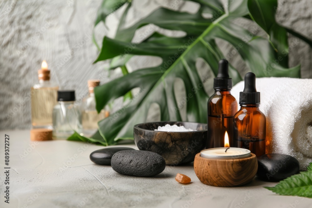 Luxury Spa and Wellness Setting with Aromatherapy Oils and Candles Luxury Spa and Wellness Setting with Aromatherapy Oils and Candles