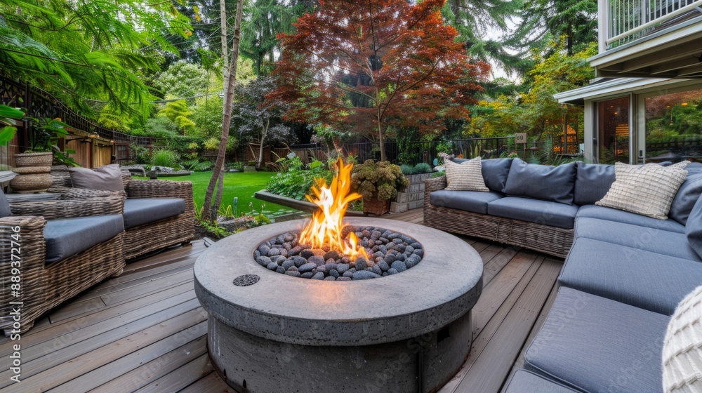 landscaped patio with a fire pit in the center, surrounded by a wicker sofa and table generative ai landscaped patio with a fire pit in the center, surrounded by a wicker sofa and table generative ai