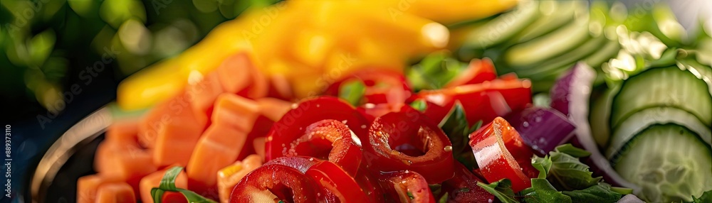Close-up of fresh, colorful sliced vegetables including bell peppers, carrots, cucumbers, and red onions, showcasing healthy eating and nutrition. Close-up of fresh, colorful sliced vegetables including bell peppers, carrots, cucumbers, and red onions, showcasing healthy eating and nutrition.