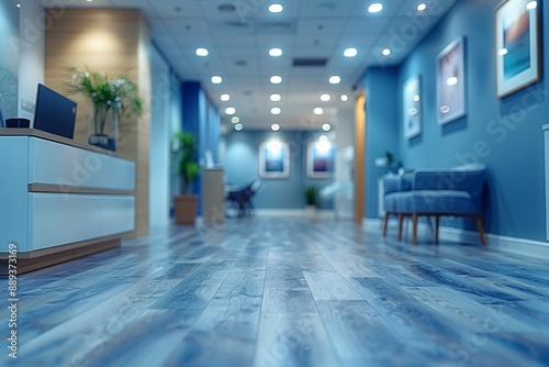  modern medical office with a blurred background and space for text, a blue color scheme with soft lighting creates a calm, professional and welcoming environment for patients