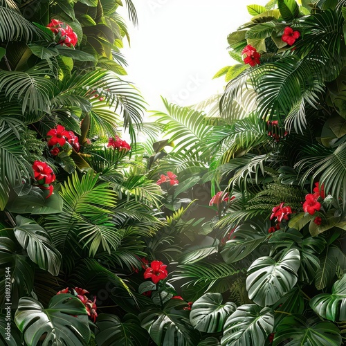 Vibrant Tropical Oasis Lush Red Flowers Amidst a Bounty of Green Palms