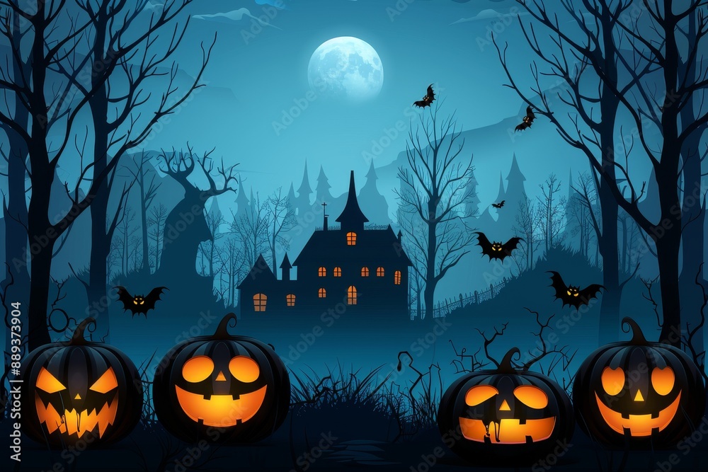 Jack-o-lantern with pumpkin head and glowing candles, Spooky Forest with full moon and wooden table, Pumpkins In Graveyard - Halloween Backdrop. AI generative art. Jack-o-lantern with pumpkin head and glowing candles, Spooky Forest with full moon and wooden table, Pumpkins In Graveyard - Halloween Backdrop. AI generative art.