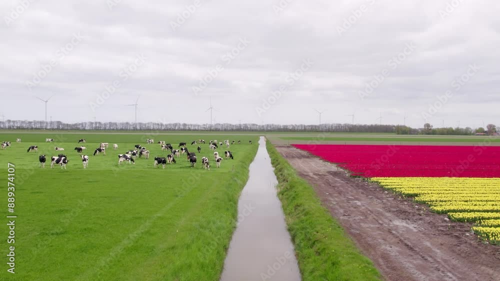 Aerial view of colorful tulip fields with grazing cows and blooming flowers, Alkmaar, Netherlands. Aerial view of colorful tulip fields with grazing cows and blooming flowers, Alkmaar, Netherlands.