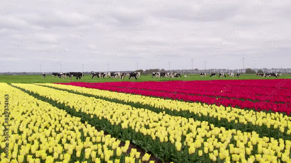 Aerial view of vibrant tulip fields with grazing cows and blooming flowers, Alkmaar, Netherlands. Aerial view of vibrant tulip fields with grazing cows and blooming flowers, Alkmaar, Netherlands.
