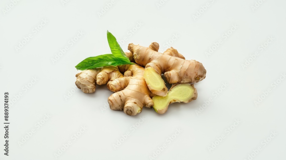 Pile of fresh ginger with half piece cut isolated on white background, natural spice ingredient Pile of fresh ginger with half piece cut isolated on white background, natural spice ingredient