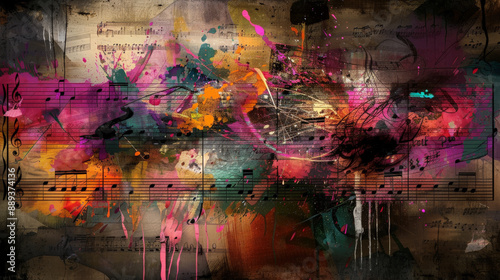 An abstract burst of colors with musical notes and sheet music subtly overlaid, evoking a sense of creative inspiration.