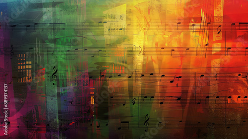 An abstract design with rainbow hues and sheet music notes blending into the background, evoking a sense of harmony and rhythm.