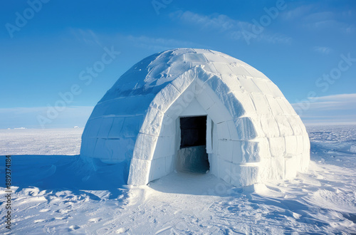 igloo made of snow, in the middle is an entrance to it, it stands on top of smooth ice, around there is only white snow and blue sky, you can see far away