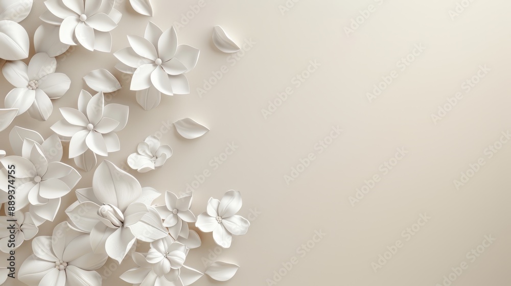 An illustration wallpaper background with white circles and flowers in 3D