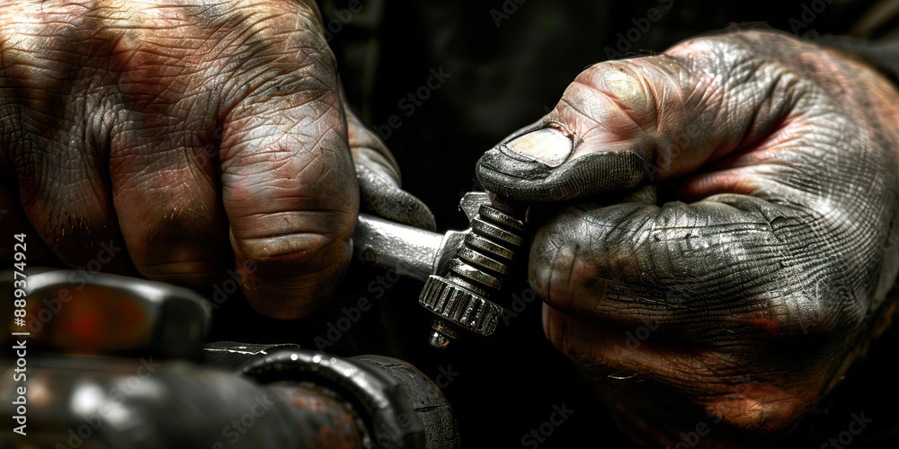 Close-up of a hand tightening a bolt with a wrench, showcasing mechanical expertise Close-up of a hand tightening a bolt with a wrench, showcasing mechanical expertise