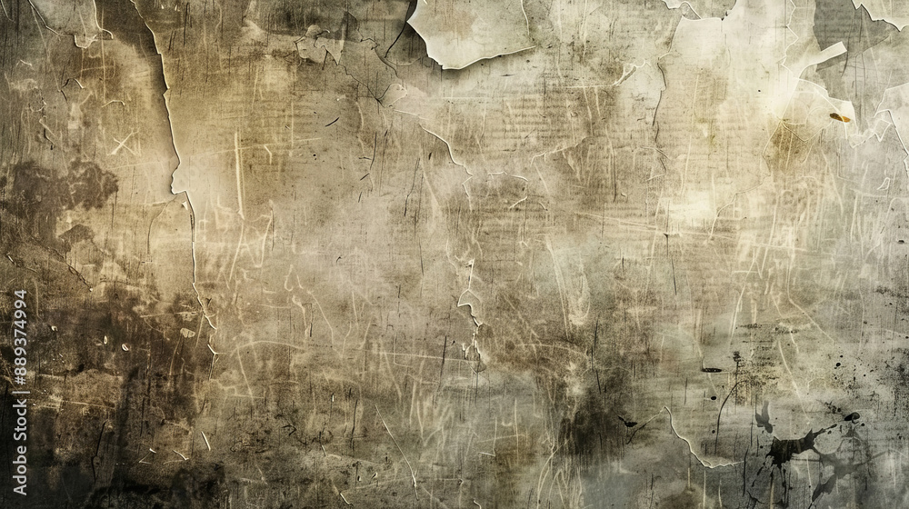Obraz premium Grunge background featuring a distressed, weathered paper texture with stains, creases, and worn-out edges.