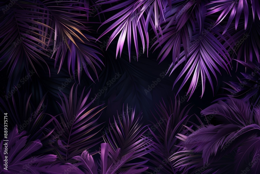 In this image, we see a close-up of a purple wallpaper with palm leaves on the left side and black on the right. In this image, we see a close-up of a purple wallpaper with palm leaves on the left side and black on the right.