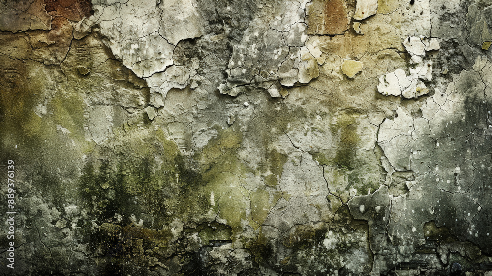 Fototapeta premium Grunge background showcasing a distressed, weathered stone wall with cracks, moss, and faded colors.