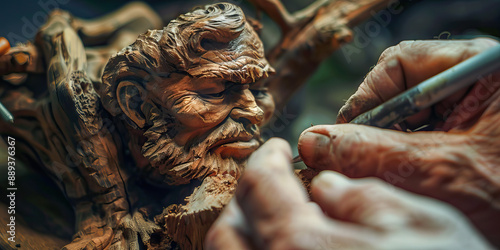 Close-up of a hand whittling a piece of wood into a detailed figurine photo