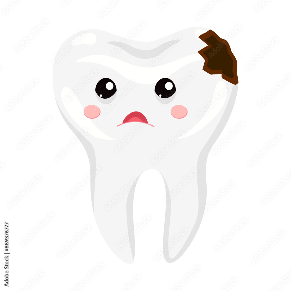 Sad cartoon tooth with caries for pediatric dentistry. Cute bad tooth with hole. Oral care. Sad cartoon tooth with caries for pediatric dentistry. Cute bad tooth with hole. Oral care.