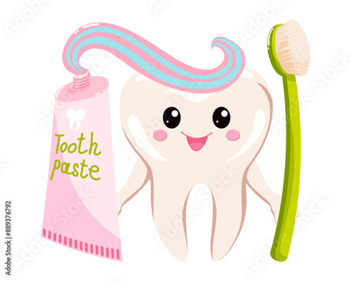 Cute tooth character with a toothbrush and toothpaste, promoting dental hygiene.