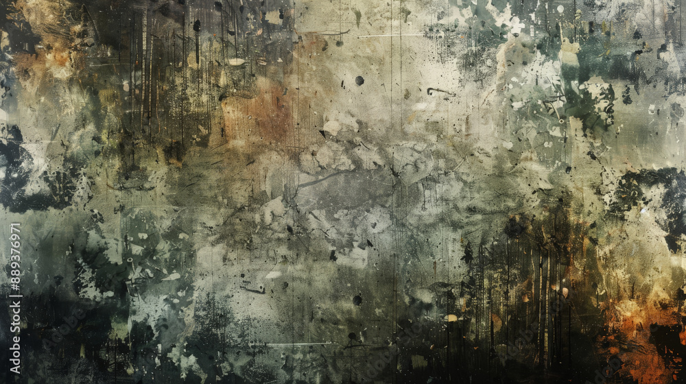 Obraz premium Grunge background with a mix of grungy textures, featuring splattered paint, scratches, and worn-out patterns.