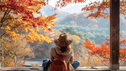 woman from behind looking at a forest landscape in autumn photo