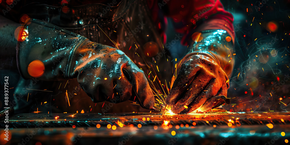 Close-up of a metalworker’s hands welding metal, fabricating a custom piece