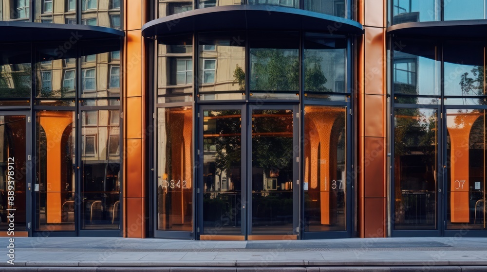 Modern Building Entrance with Glass Doors and Copper Panels