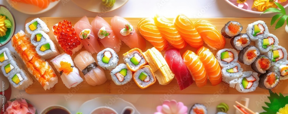 A vibrant assortment of fresh sushi rolls and sashimi arranged on a wooden platter, perfect for a gourmet meal or Japanese cuisine presentation. A vibrant assortment of fresh sushi rolls and sashimi arranged on a wooden platter, perfect for a gourmet meal or Japanese cuisine presentation.