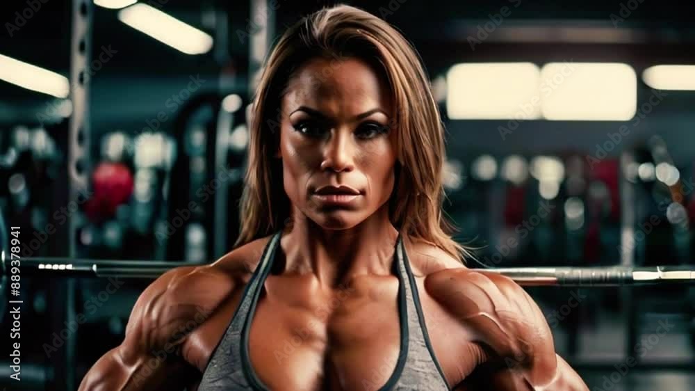 Close up portrait of Woman bodybuilder looking at camera