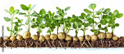 Potato plants growing from a row of potatoes in rich soil, isolated on a white background photo