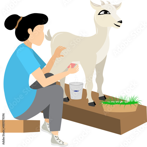 Farmers at work.  A woman milks a goat. People work on farm. Livestock farm scene. Isolated on a white background.