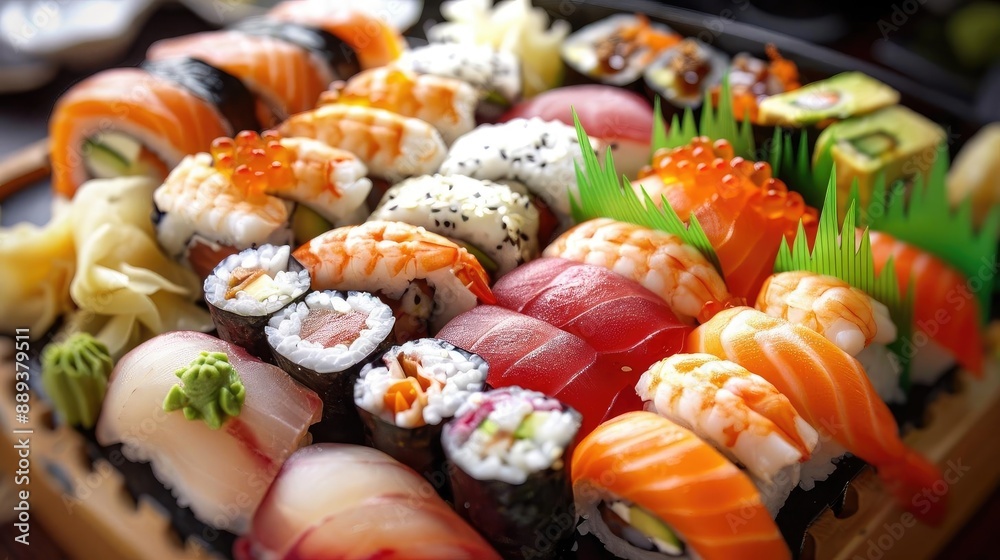 Assorted sushi platter featuring a variety of fresh nigiri, sashimi, and maki rolls served with garnishes and wasabi. Assorted sushi platter featuring a variety of fresh nigiri, sashimi, and maki rolls served with garnishes and wasabi.