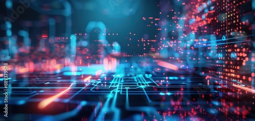 Algorithm exploration, neonlit lab, holographic data streams, cuttingedge technology