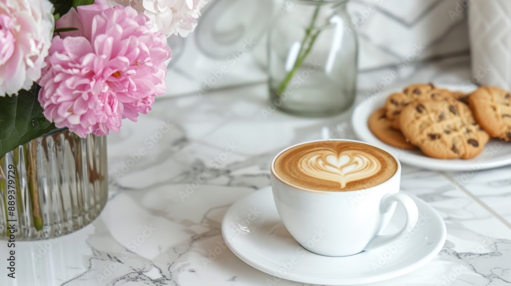 A white coffee cup with a heart design sits on a white saucer next to a plate of cookies. The scene is set on a marble count A white coffee cup with a heart design sits on a white saucer next to a plate of cookies. The scene is set on a marble count