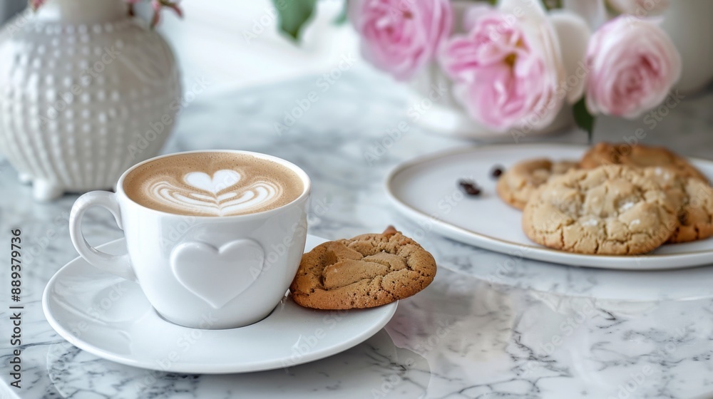 A white coffee cup with a heart design sits on a white saucer next to a plate of cookies. The scene is set on a marble count A white coffee cup with a heart design sits on a white saucer next to a plate of cookies. The scene is set on a marble count