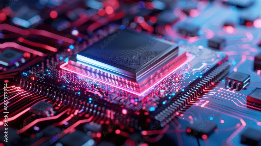 Obraz premium Integrated sensing platform, neon glow, data communication, sleek modern tech