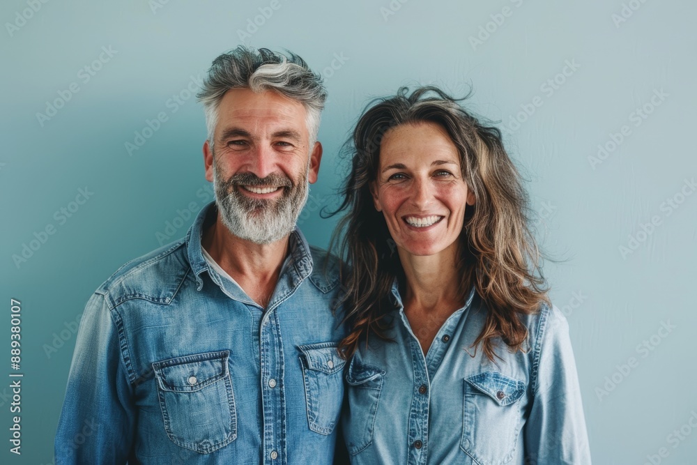Portrait of a grinning caucasian couple in their 40s sporting a versatile denim shirt isolated on solid pastel color wall Portrait of a grinning caucasian couple in their 40s sporting a versatile denim shirt isolated on solid pastel color wall