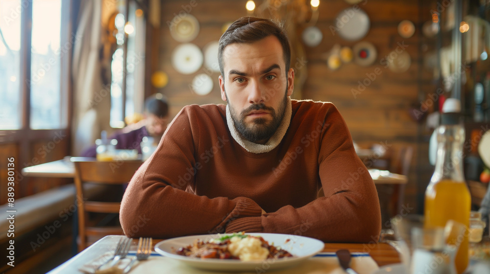 Man sitting at restaurant table, plate of meal in front of him, bad food taste, unhappy displeased customer, dissatisfied with service, negative disgust face expression Man sitting at restaurant table, plate of meal in front of him, bad food taste, unhappy displeased customer, dissatisfied with service, negative disgust face expression