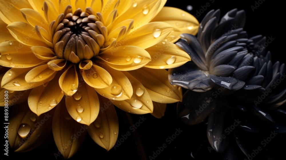 Yellow and gray dahlia flowers with water droplets on dark background Yellow and gray dahlia flowers with water droplets on dark background