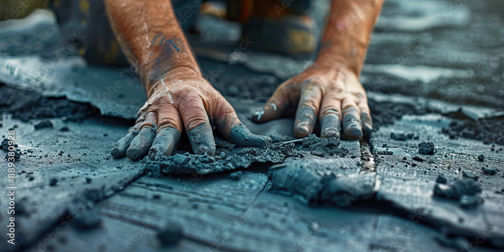 Close-up of a roofer’s hands repairing a damaged roof, ensuring it is weatherproof Close-up of a roofer’s hands repairing a damaged roof, ensuring it is weatherproof