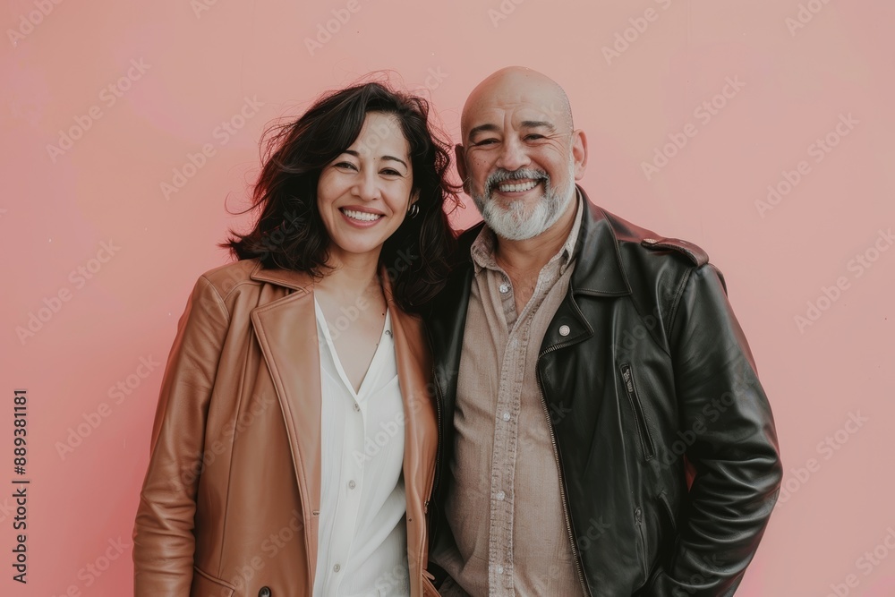 Portrait of a happy latino couple in their 50s sporting a stylish leather blazer isolated in solid pastel color wall Portrait of a happy latino couple in their 50s sporting a stylish leather blazer isolated in solid pastel color wall
